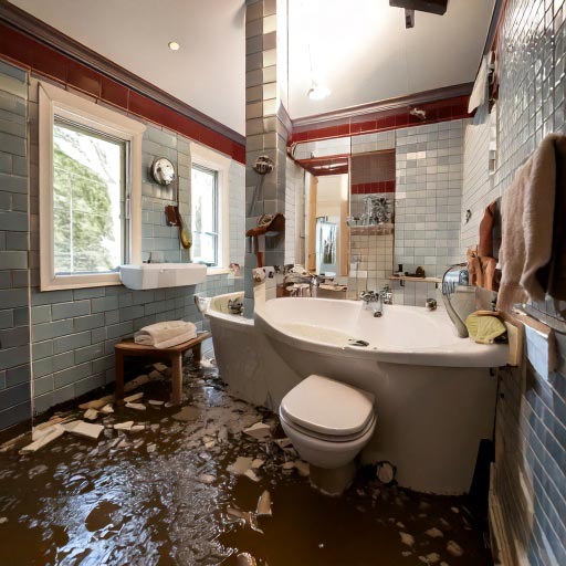 Flooded bathroom needing emergency repairs