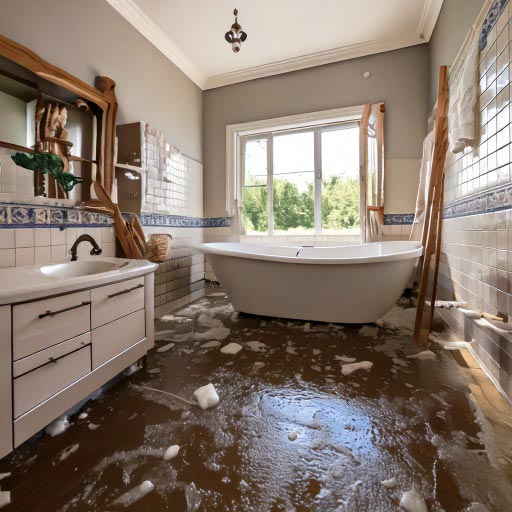 Bathroom that has been flooded and damaged. It's a disaster and emergency