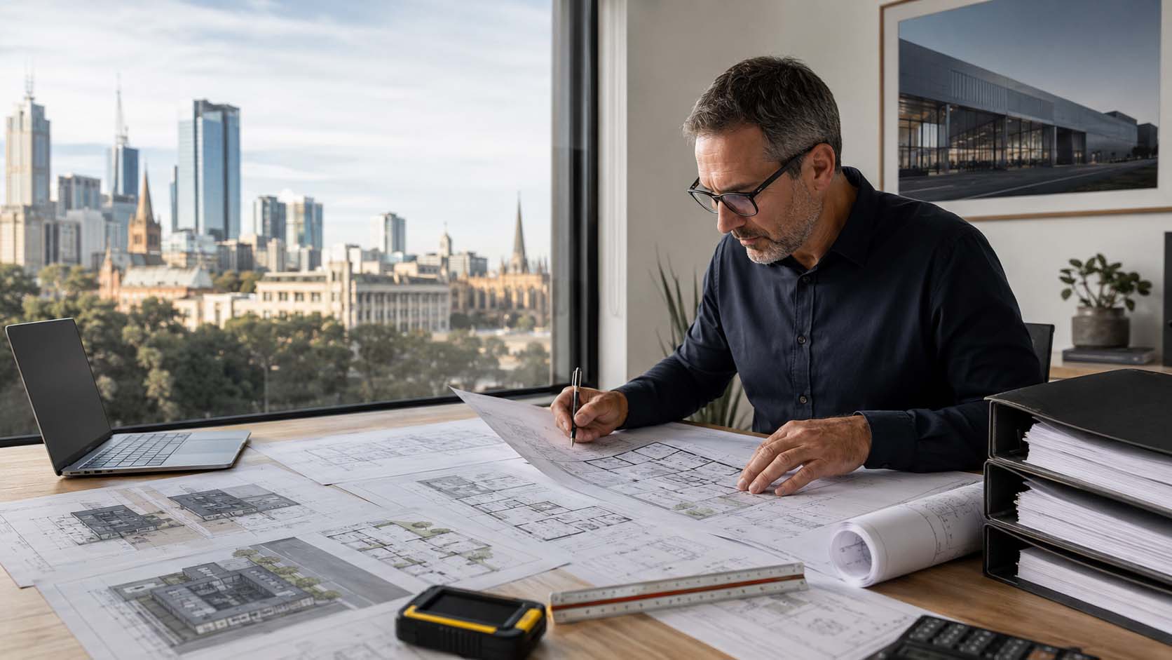 Building designer reviewing commercial building permit drawings for a Melbourne fit-out project