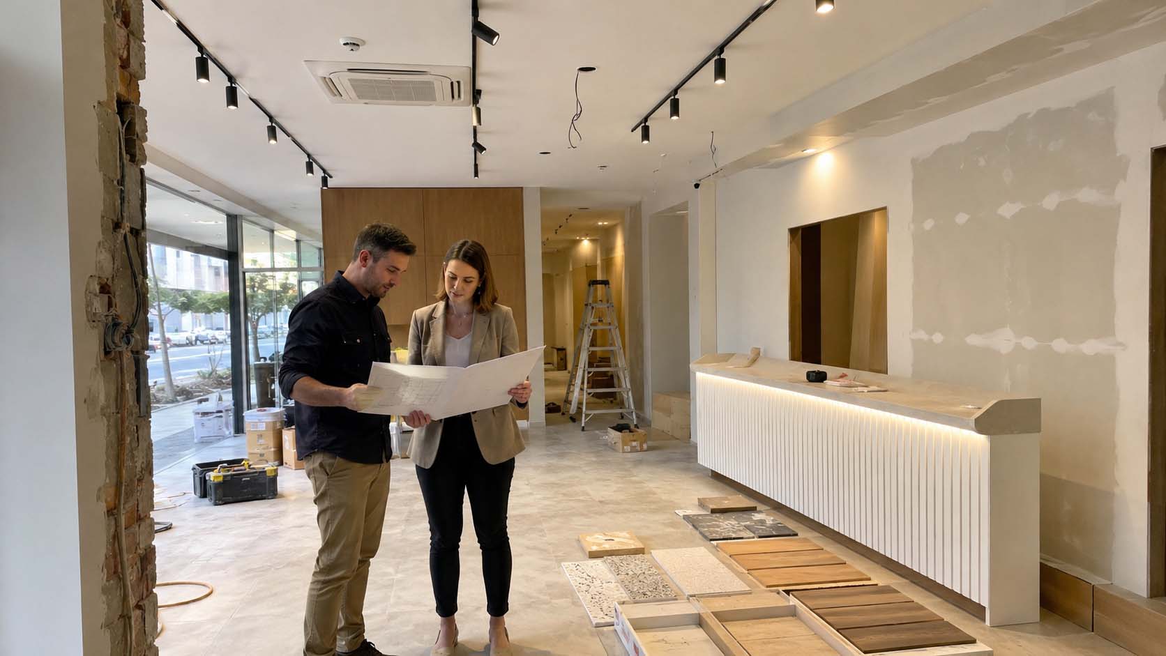 Building designer and client reviewing renovation plans inside a partially completed commercial shop fitout with tools, materials and construction work visible