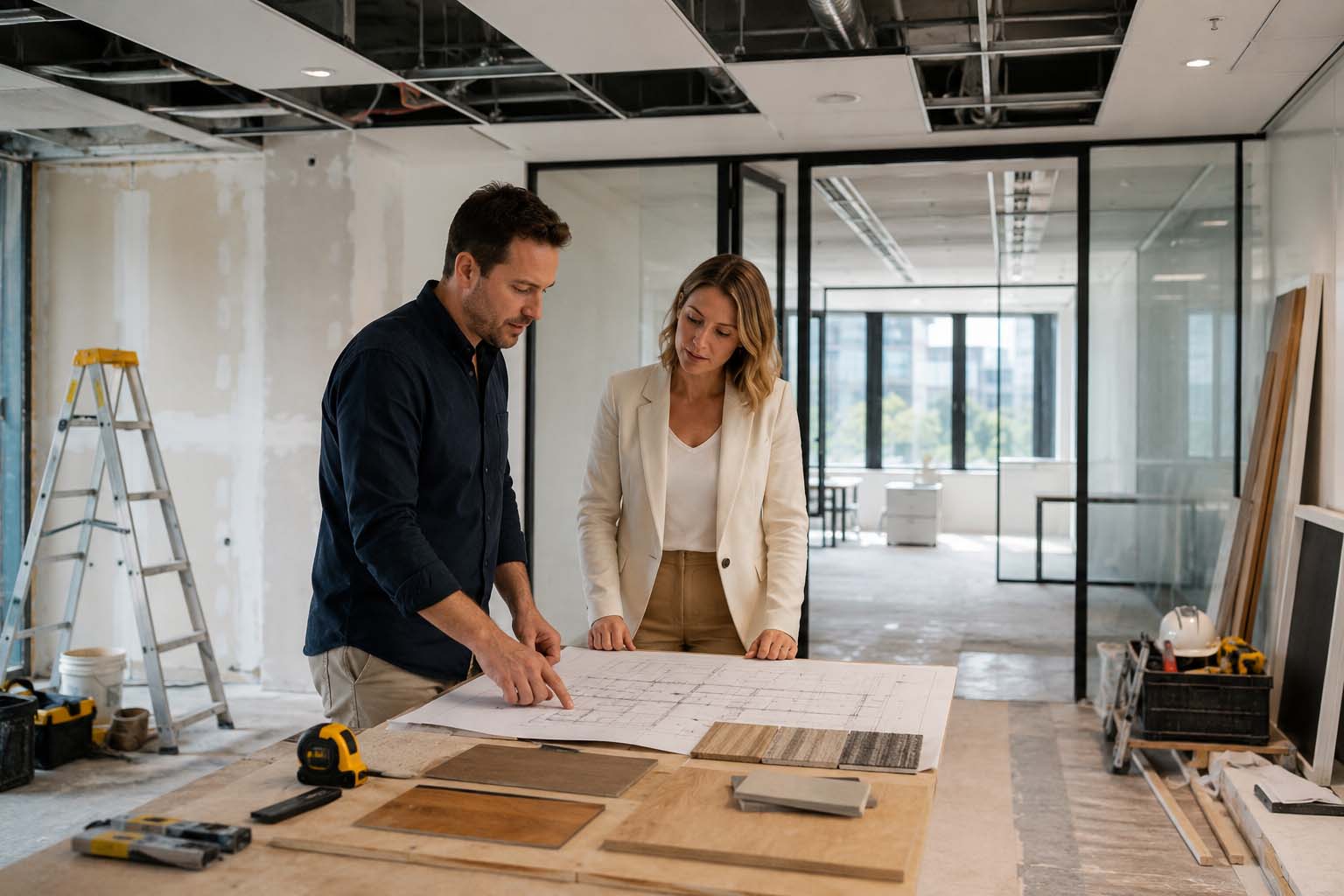 Building designer and client reviewing office renovation plans inside a partially completed commercial fitout with glass partitions, ceiling work, tools and flooring samples.