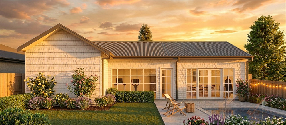 Hampton style granny flat design in Melbourne with white shingle cladding, gable roof and garden patio